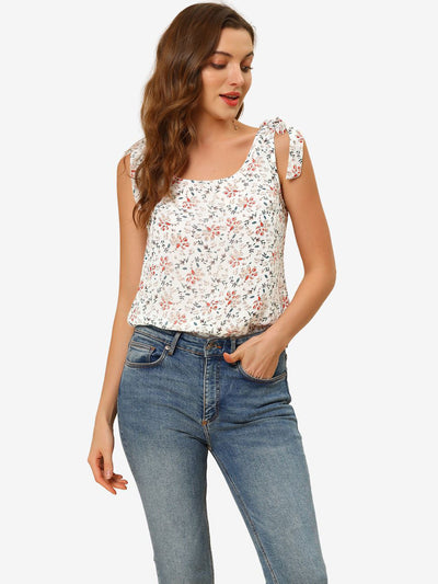 Boho Floral Print Casual Chiffon Tie Shoulders Tank Top