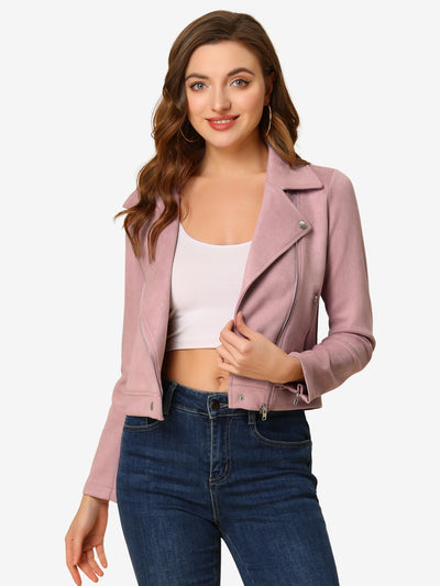 Faux Suede Casual Short Soft Zip Up Biker Moto Jacket