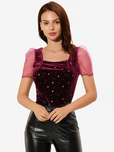 Square Neck Glitter Star Pattern Short Sleeve Velvet Top