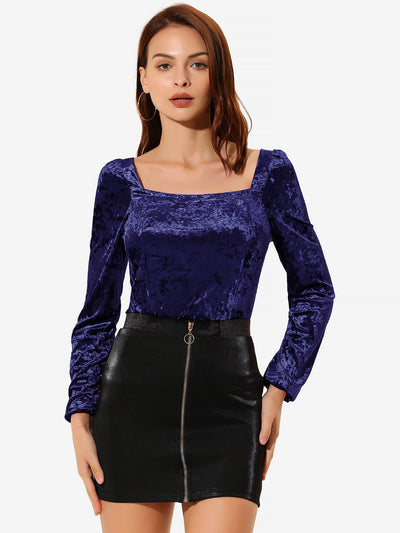 Velvet Top Long Sleeve Sexy Square Neck Shirt