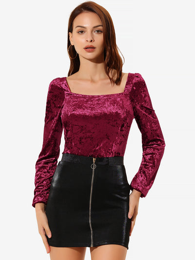 Velvet Top Long Sleeve Sexy Square Neck Shirt