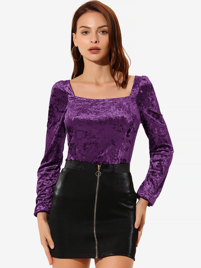 Velvet Top Long Sleeve Sexy Square Neck Shirt