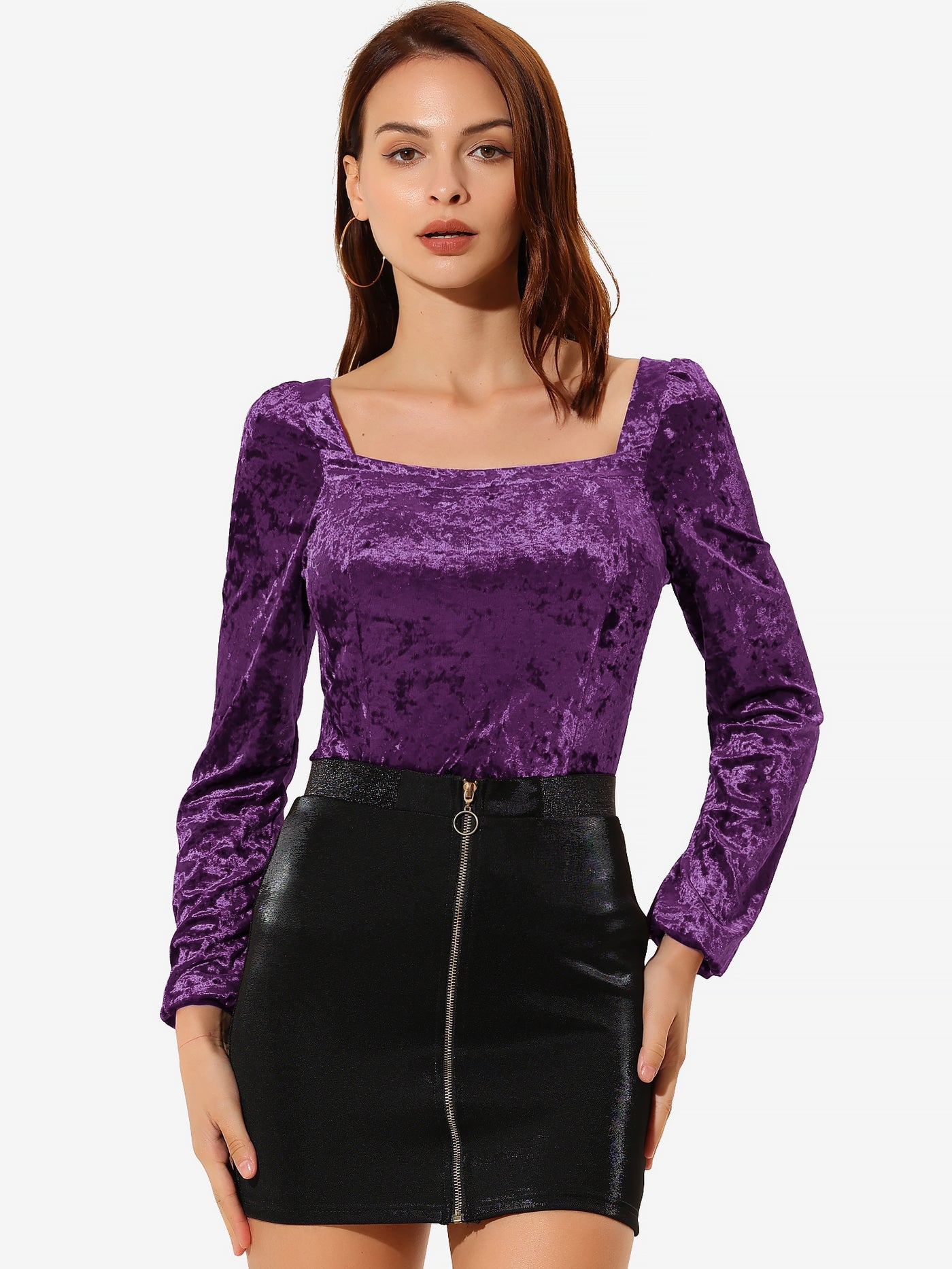 Allegra K Velvet Top Long Sleeve Sexy Square Neck Shirt