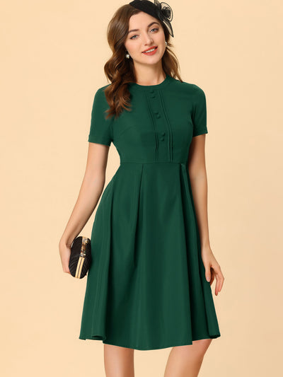 Vintage Round Neck Short Sleeve Pleated 1950s Midi Dress