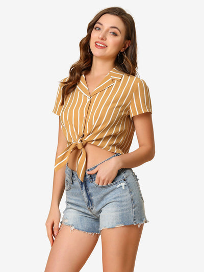 Striped Button Up Lapel Collar Top Short Sleeve Tie Front Crop Shirt