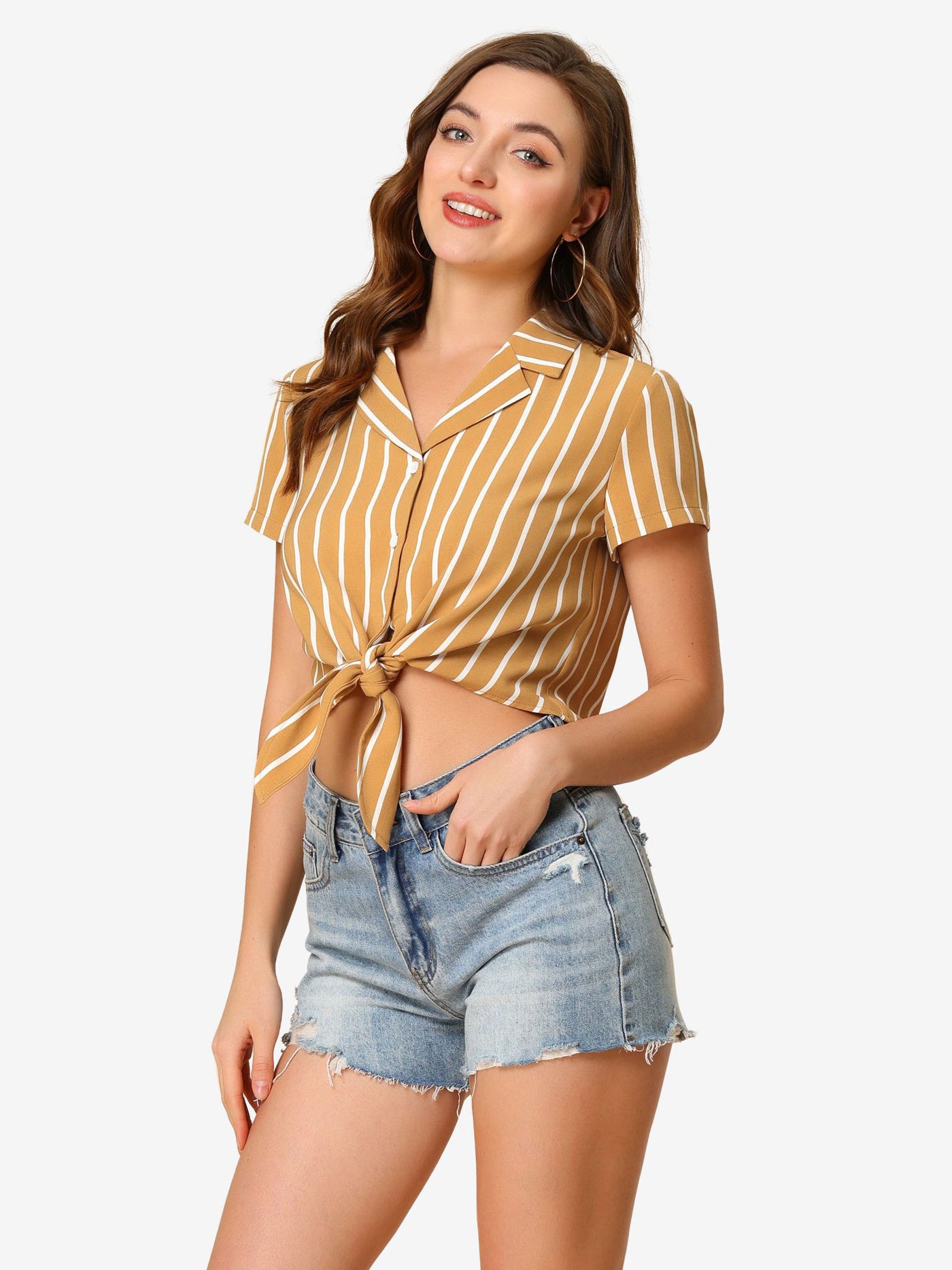 Allegra K Striped Button Up Lapel Collar Top Short Sleeve Tie Front Crop Shirt