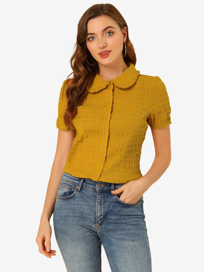 Peter Pan Collar Short Sleeves Textured Button Down Blouse