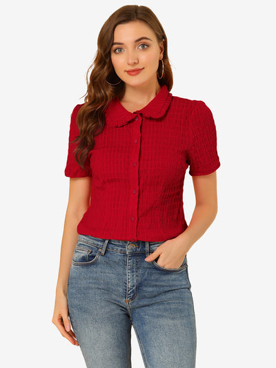 Peter Pan Collar Short Sleeves Textured Button Down Blouse