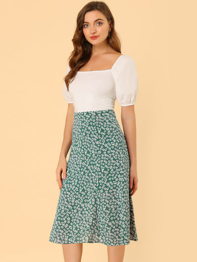 Floral Peasant Elastic Waist A-Line Ditsy Leave Midi Skirt