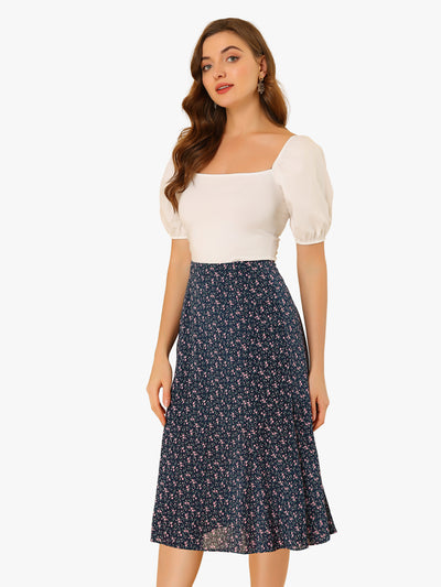 Floral Peasant Elastic Waist A-Line Ditsy Leave Midi Skirt