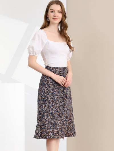 Floral Peasant Elastic Waist A-Line Ditsy Leave Midi Skirt