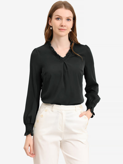 Work Shirt Ruffled V Neck Long Sleeve Workwear Solid Blouse