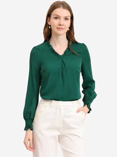 Work Shirt Ruffled V Neck Long Sleeve Workwear Solid Blouse