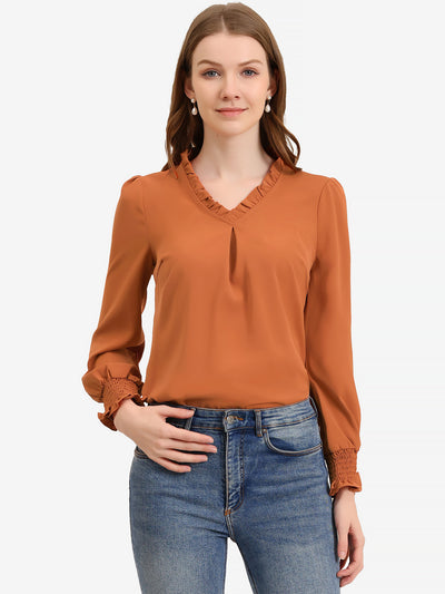 Work Shirt Ruffled V Neck Long Sleeve Workwear Solid Blouse