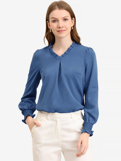 Work Shirt Ruffled V Neck Long Sleeve Workwear Solid Blouse