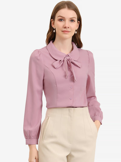 Peter Pan Collar Chiffon Bow Tie Neck Puff Sleeve Button Blouse