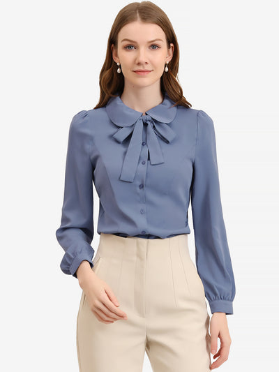 Peter Pan Collar Chiffon Bow Tie Neck Puff Sleeve Button Blouse