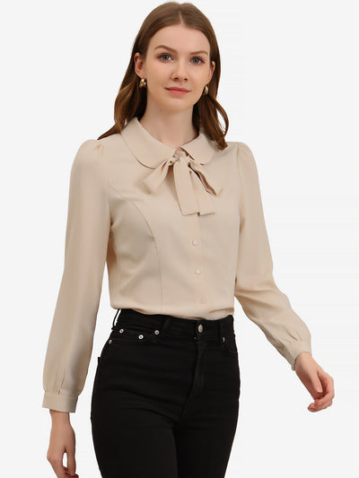 Peter Pan Collar Chiffon Bow Tie Neck Puff Sleeve Button Blouse