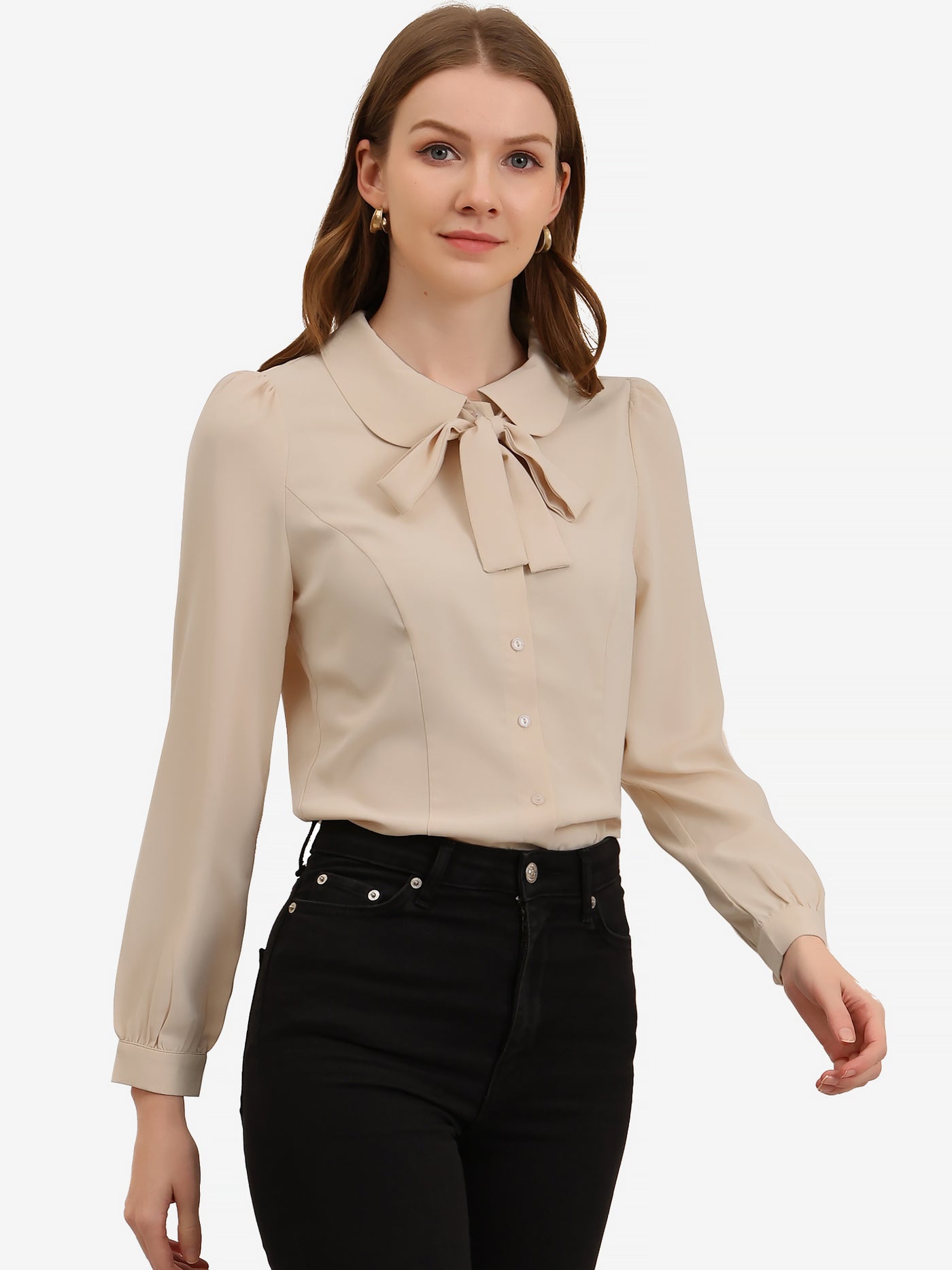 Allegra K Peter Pan Collar Chiffon Bow Tie Neck Puff Sleeve Button Blouse