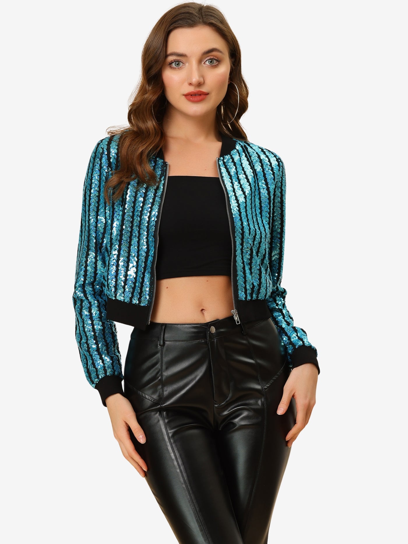 Allegra K Metallic Sequin Shiny Zip Up Party Sparkly Crop Bomber Jacket