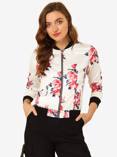 Stand Collar Floral Print Zip Up Bomber Jacket