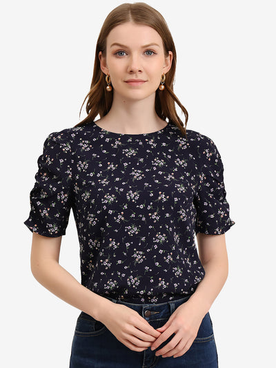 Crew Neck Floral Casual Shirred Short Sleeve Blouse