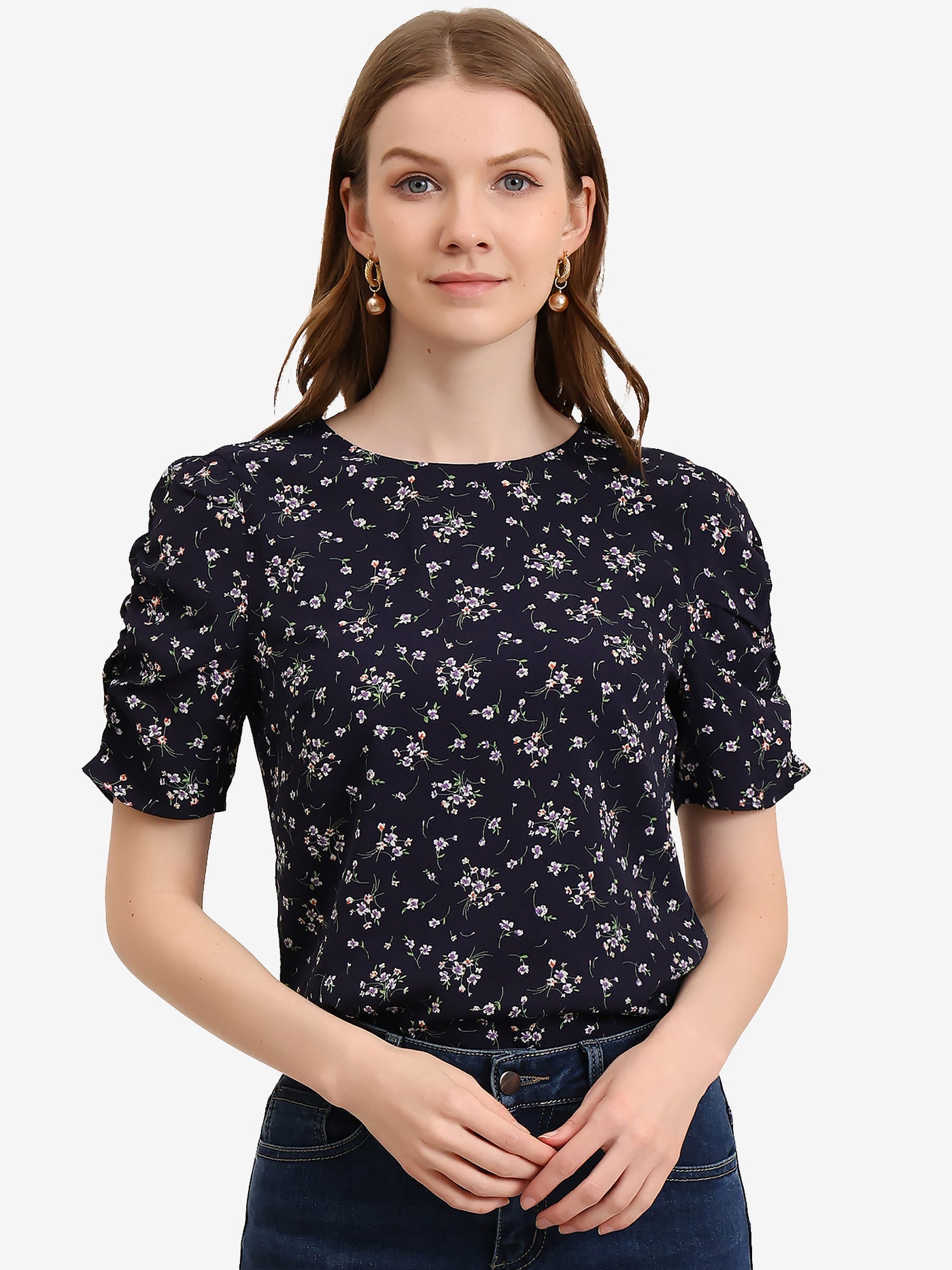 Allegra K Crew Neck Floral Casual Shirred Short Sleeve Blouse