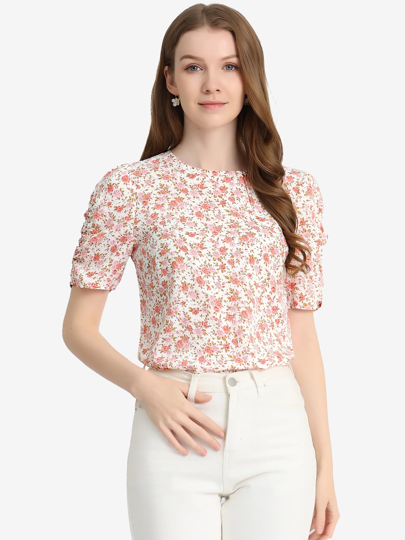 Allegra K Crew Neck Floral Casual Shirred Short Sleeve Blouse