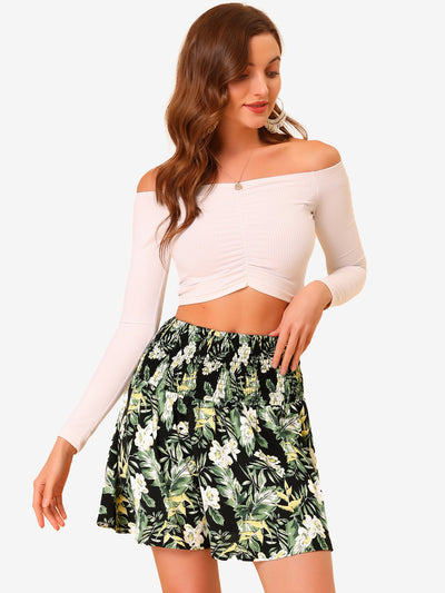 Floral Skirt Smocked Waist Summer Hawaiian Tropical Mini Skirt