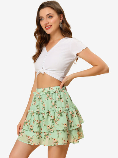 Layered Ruffle Hem Elastic Waist A-Line Skater Floral Mini Skirt