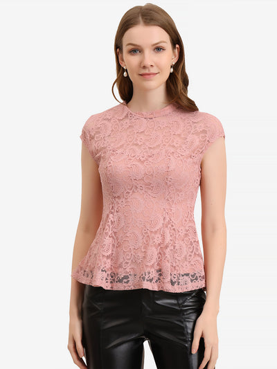 Crochet Peplum Floral Mock Neck Cap Sleeve Lace Blouse