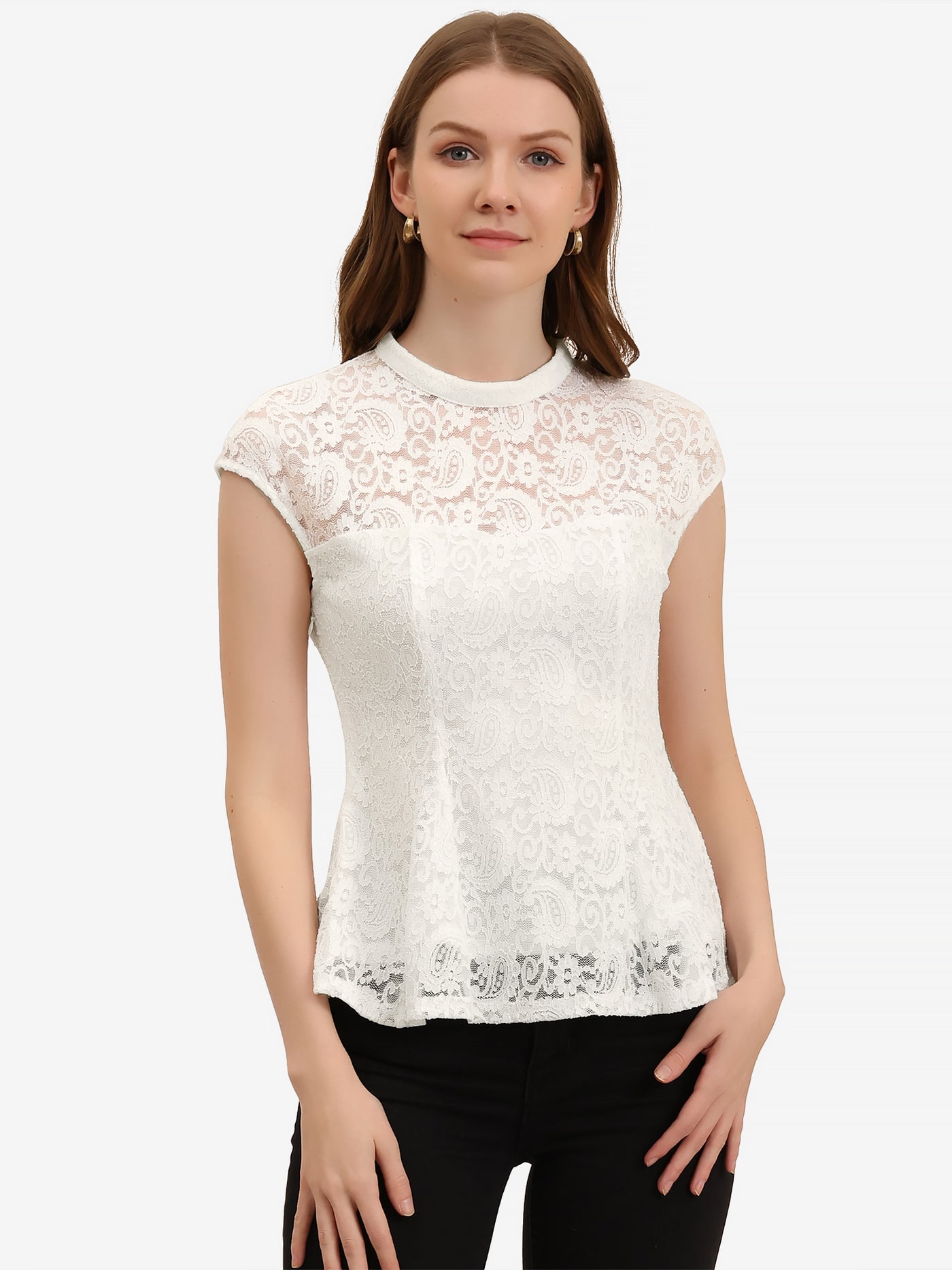 Allegra K Crochet Peplum Floral Mock Neck Cap Sleeve Lace Blouse