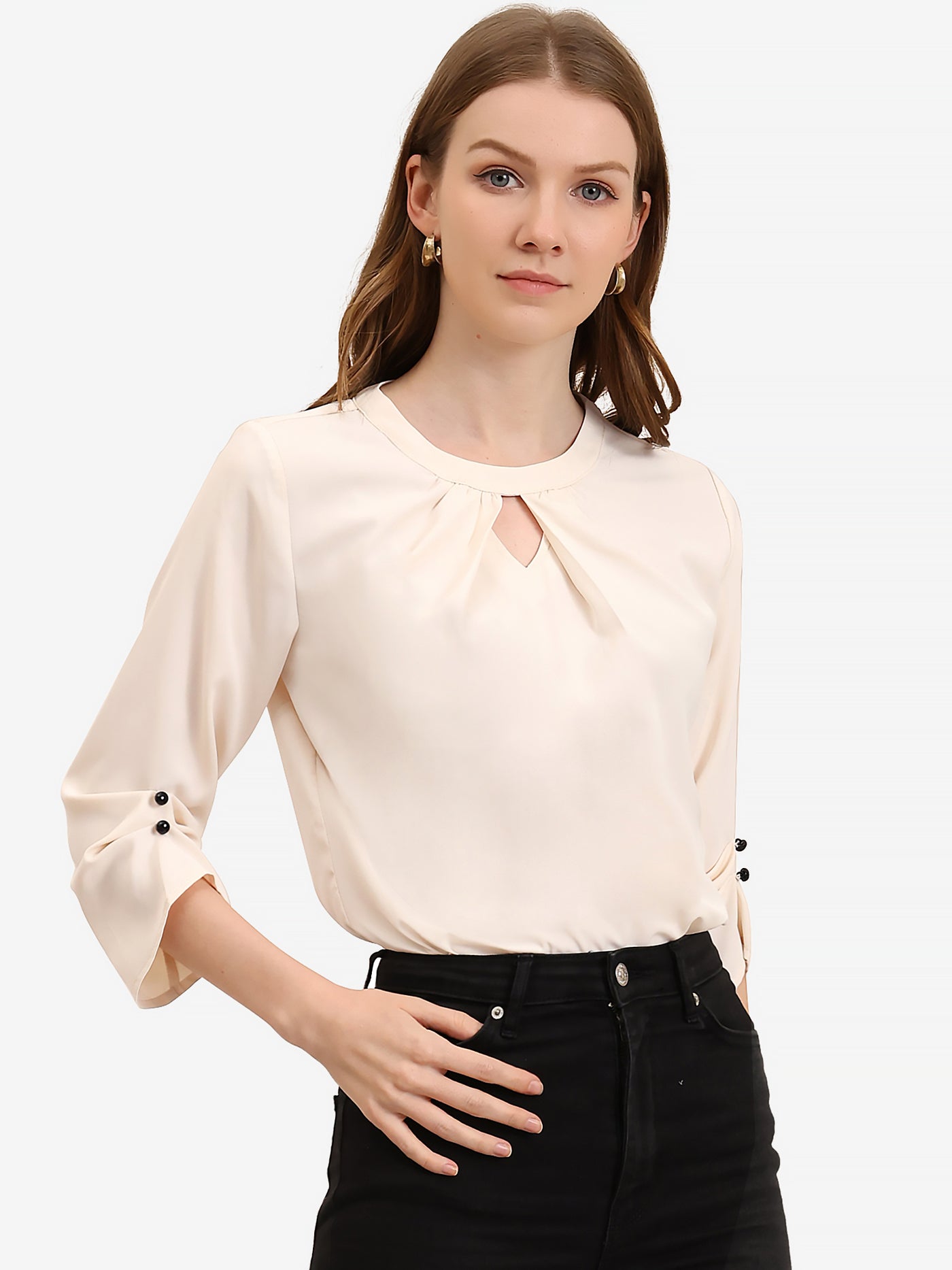 Allegra K Office Keyhole Pleated Front Ruched 3/4 Sleeve Chiffon Blouse