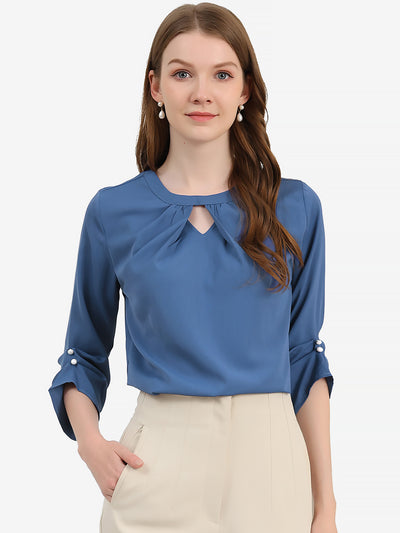 Office Keyhole Pleated Front Ruched 3/4 Sleeve Chiffon Blouse