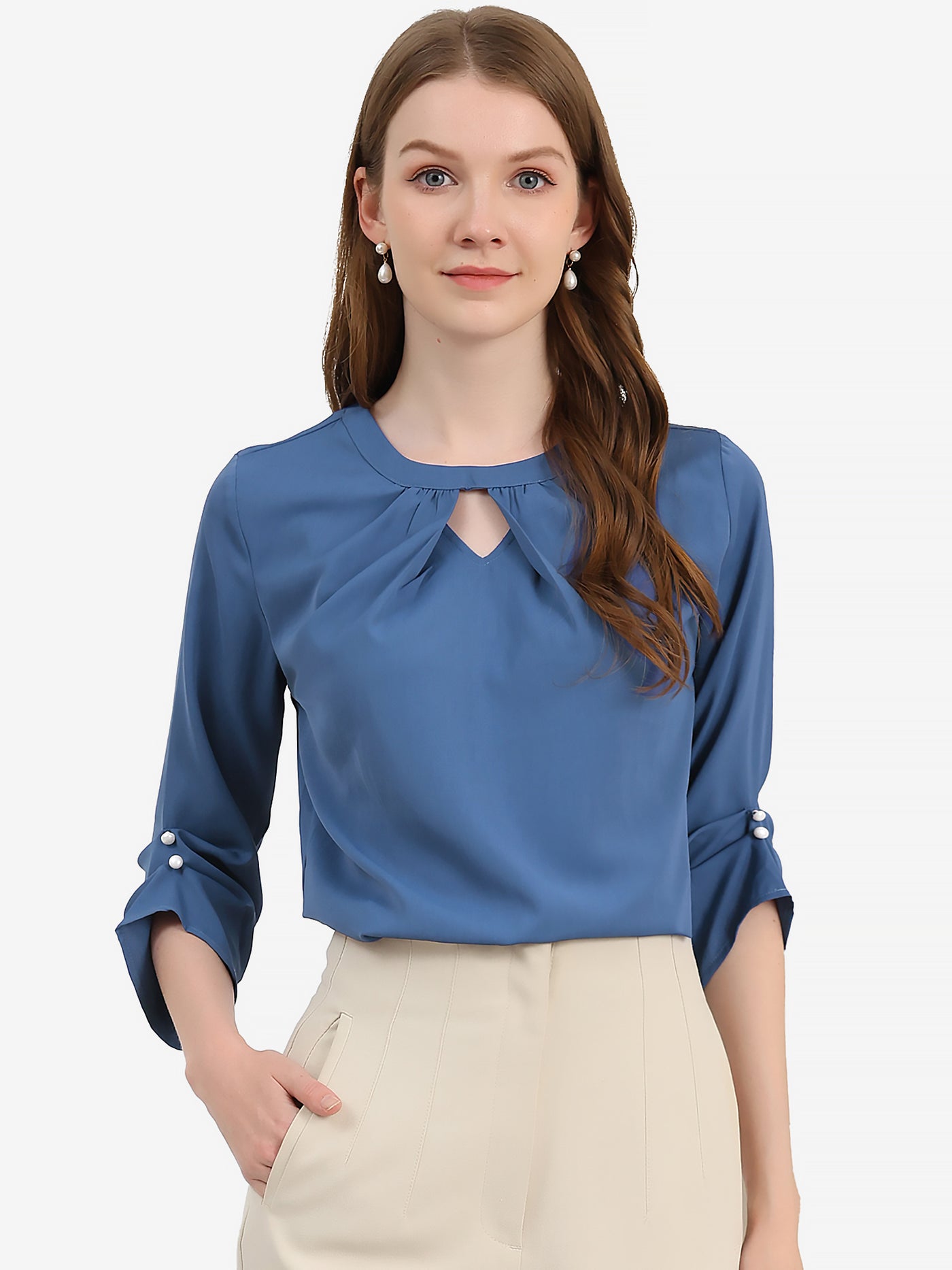 Allegra K Office Keyhole Pleated Front Ruched 3/4 Sleeve Chiffon Blouse