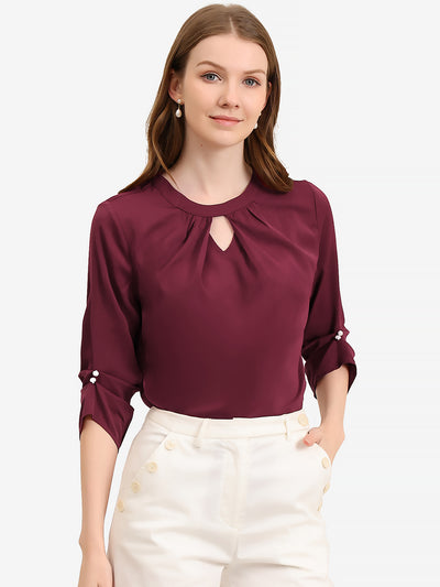 Office Keyhole Pleated Front Ruched 3/4 Sleeve Chiffon Blouse