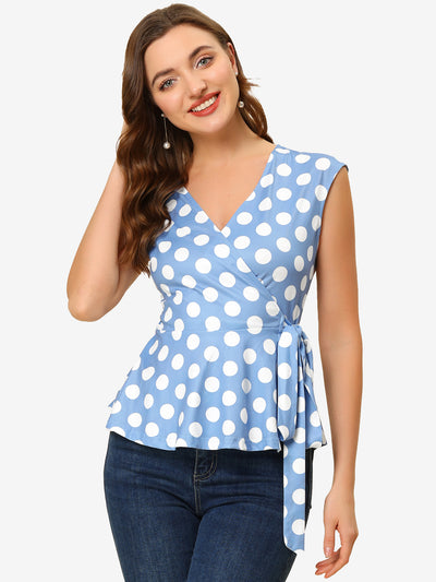 Allegra K Sleeveless Elegant V Neck Self Tie Front Polka Dot Wrap Blouse