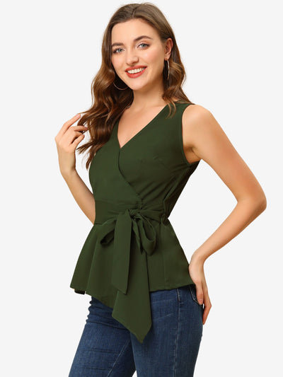 Summer Sleeveless V Neckline Wrap Elegant Tie Waist Top