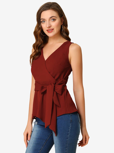 Summer Sleeveless V Neckline Wrap Elegant Tie Waist Top