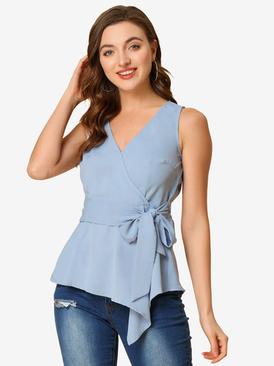 Summer Sleeveless V Neckline Wrap Elegant Tie Waist Top