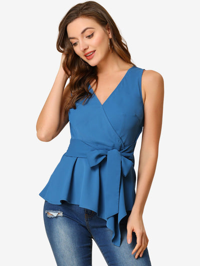 Summer Sleeveless V Neckline Wrap Elegant Tie Waist Top