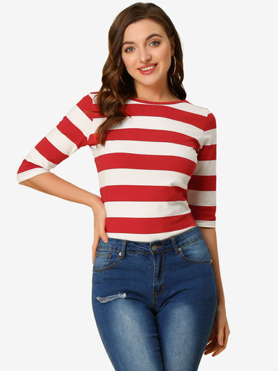 Elbow Sleeve Round Neck Casual Striped T-Shirt