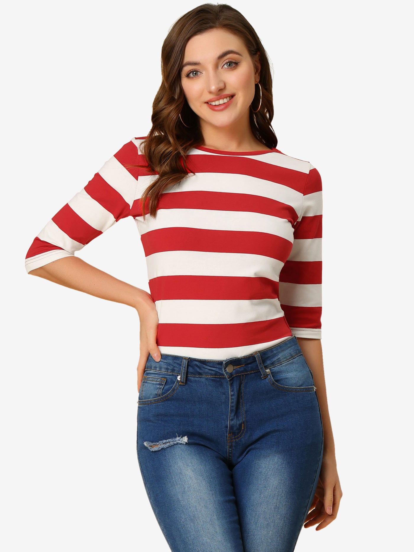 Allegra K Elbow Sleeve Round Neck Casual Striped T-Shirt