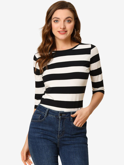 Elbow Sleeve Round Neck Casual Striped T-Shirt