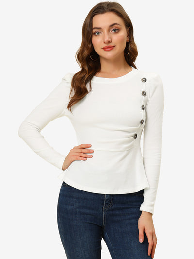 Round Neck Ruched Button Decor Puff Long Sleeve Peplum Top