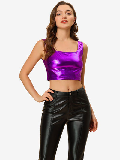 Sleeveless U Neck Party Holographic Shiny Metallic Crop Top