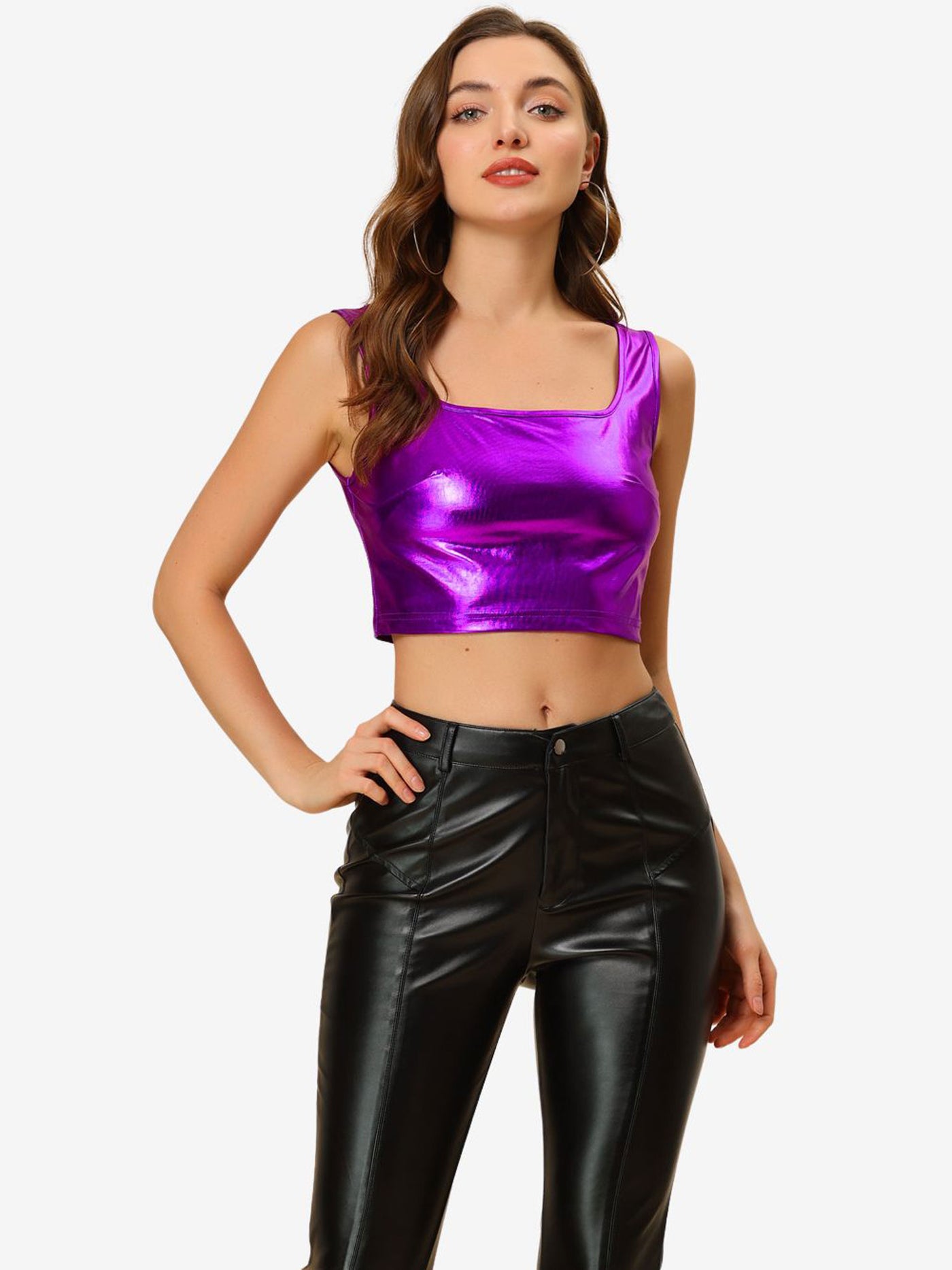 Allegra K U Neck Sleeveless Party Holographic Shiny Metallic Crop Top