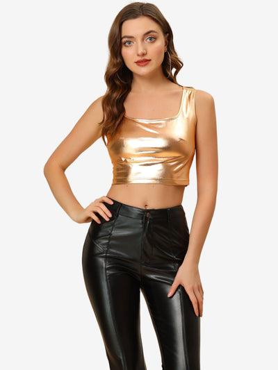 U Neck Sleeveless Party Holographic Shiny Metallic Crop Top