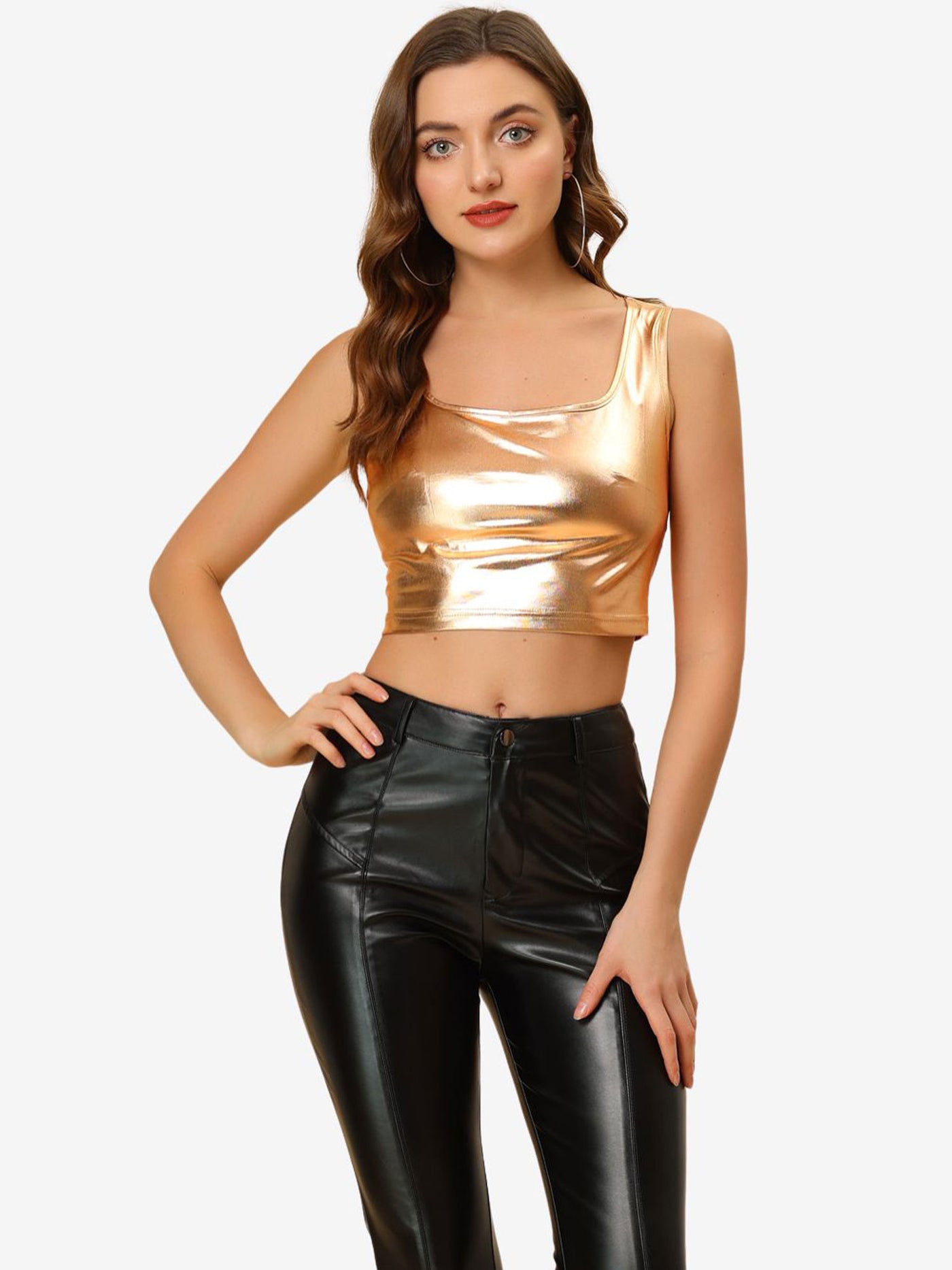 Allegra K Sleeveless U Neck Party Holographic Shiny Metallic Crop Top