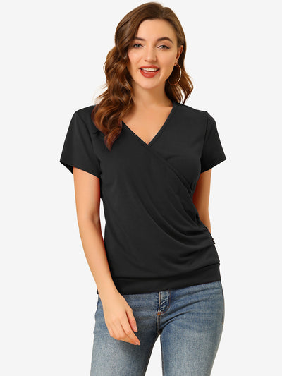 Wrap V Neck Short Sleeve Button Decor Ruched Top